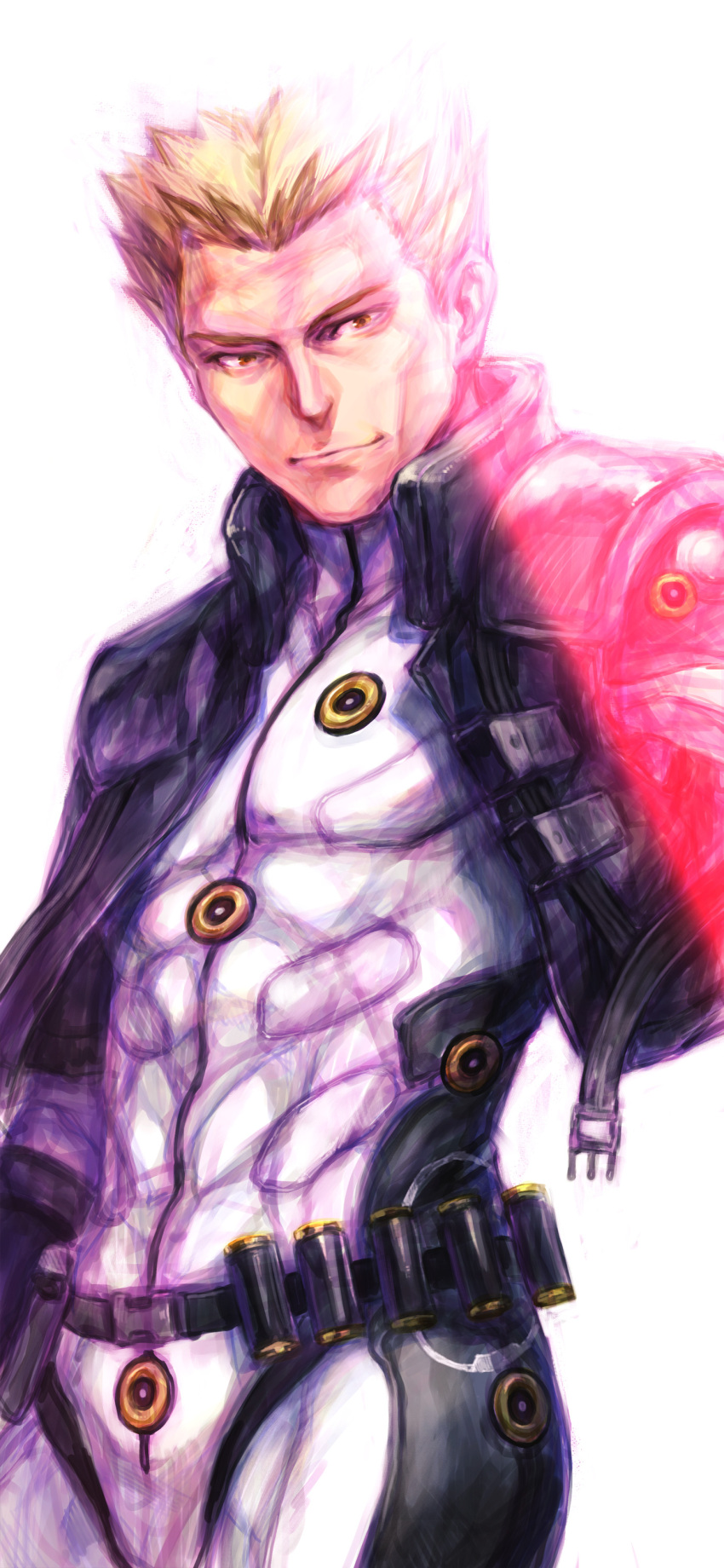 1boy, absurdres, black_jacket, blonde_hair, bodysuit, brown_eyes, cropped_jacket, hair_behind_ear, highres, jacket, looking_down, male_focus, nakamura_kanko, pilot_suit, smile, solo, super_robot_wars, super_robot_wars_x-omega, white_background, white_bodysuit, ziggy_star