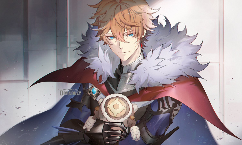 1boy, armor, bangs, blue_eyes, cape, closed_mouth, darkavey, dirty