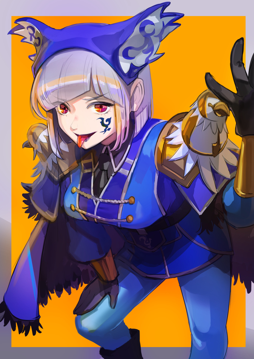 1girl, absurdres, bangs, black_gloves, black_neckwear, black_shirt, blue_headwear, blue_jacket