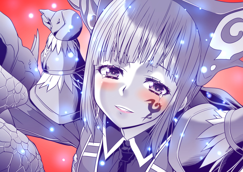 1girl, absurdres, bangs, blush, collared_shirt, eyebrows_behind_hair, facial_tattoo, highres