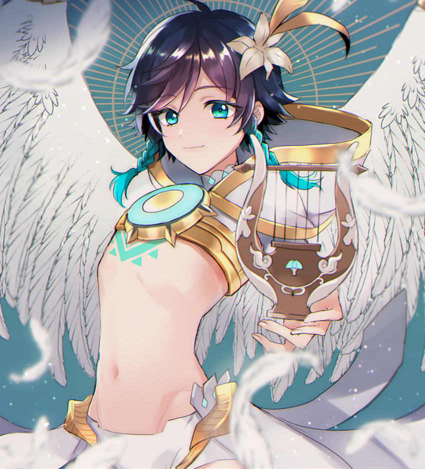 1boy, angel_wings, ari_(bleum), blue_hair, braid, feathered_wings, feathers, flower