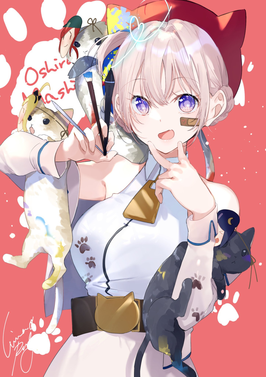 1girl, ahoge, aogiri_koukou_game_club, bandaid, bandaid_on_face, cat, dress, hat, hat_with_ears, highres, miwano_ragu, ooshiro_mashiro, red_headwear, ribbon, short_hair, smile, solo, violet_eyes, virtual_youtuber, white_hair
