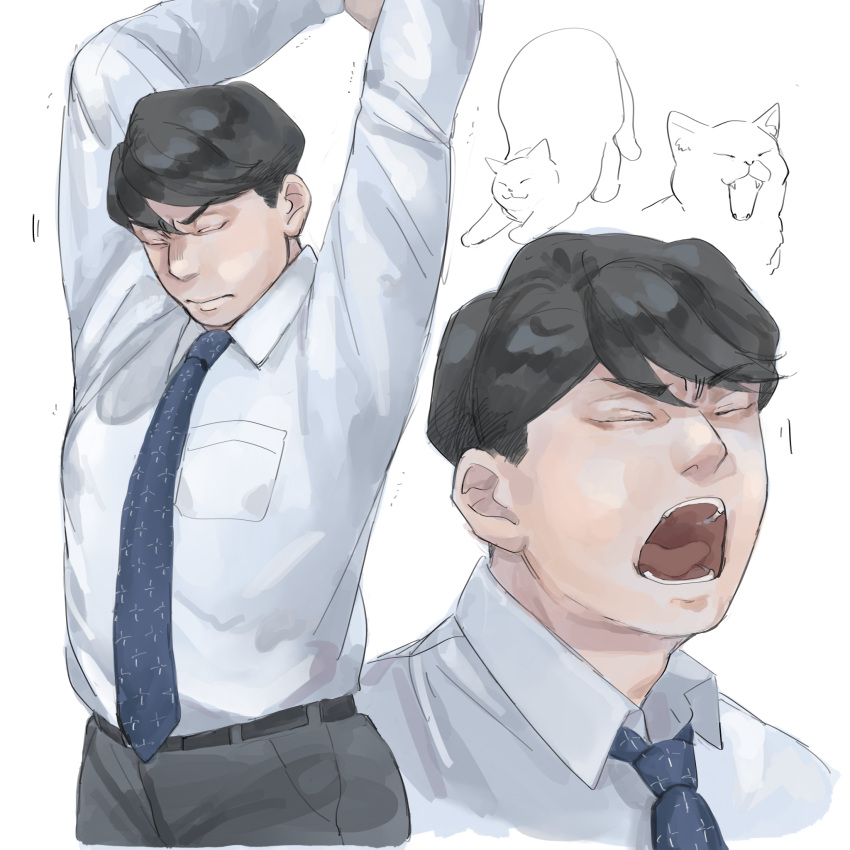 1boy, arms_up, belt, black_eyes, black_hair, blue_neckwear, cat, closed_eyes