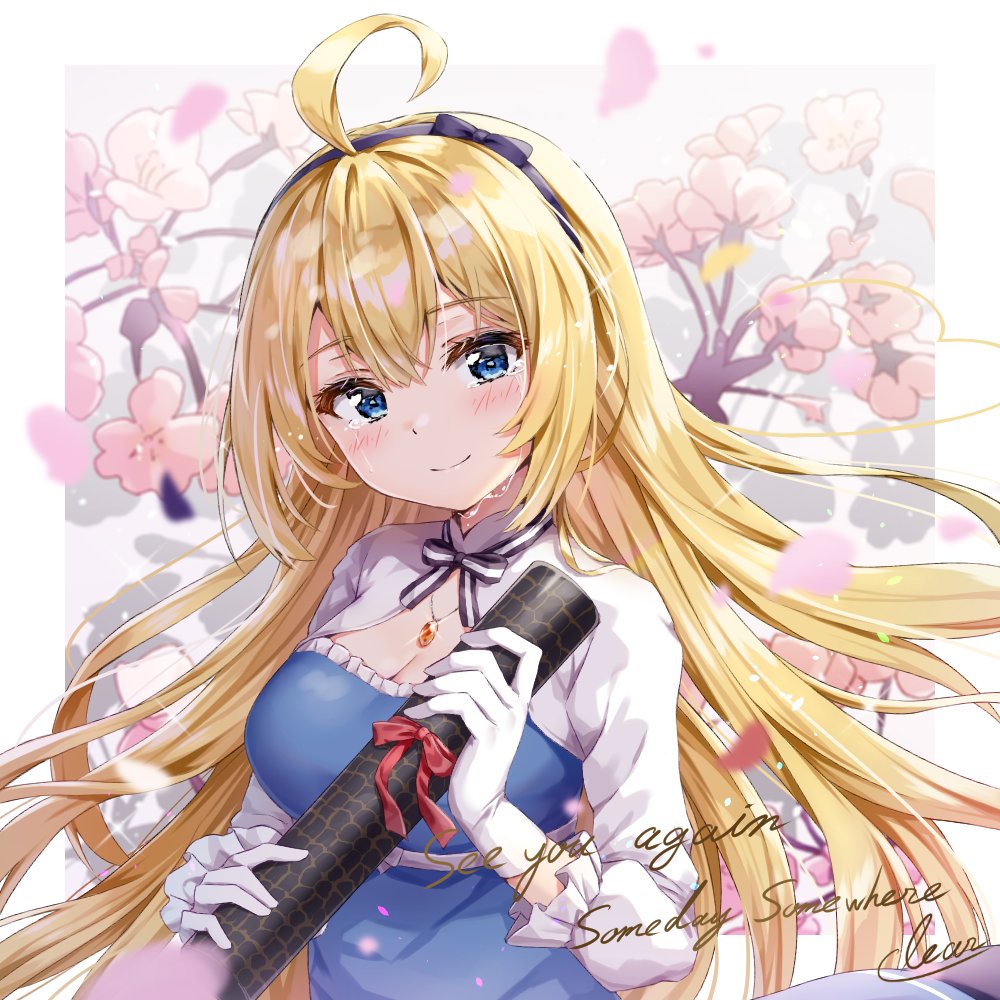 1girl, ahoge, aogiri_koukou_game_club, blonde_hair, blue_eyes, blush, cherry_blossoms, eyebrows_visible_through_hair