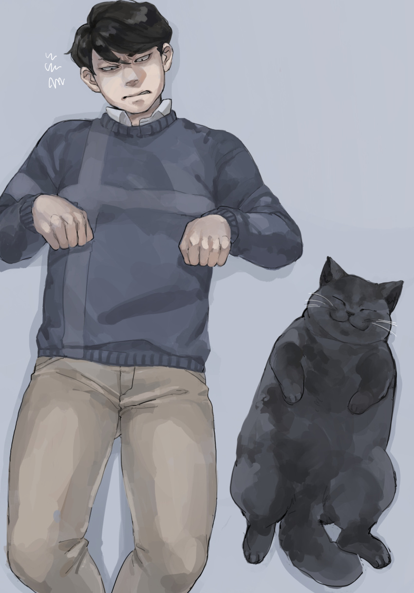 1boy, bangs, black_cat, black_eyes, black_hair, cat, closed_eyes, grey_background