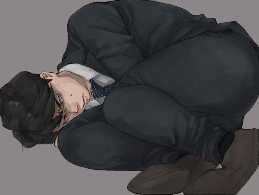 1boy, arm_between_legs, ass, black_eyes, black_hair, black_legwear, black_pants, black_suit