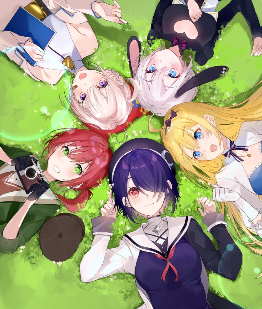 5girls, ahoge, animal_ears, aogiri_koukou_game_club, bandaid, bandaid_on_face, blonde_hair, blue_eyes, blush, dress, gloves, green_eyes, green_jacket, hair_between_eyes, hair_over_one_eye, hat, hat_with_ears, highres, ishikari_akari, jacket, long_hair, looking_at_viewer, minazuki_natsuki, miwano_ragu, multiple_girls, ooshiro_mashiro, otodama_tamako, red_headwear, redhead, ribbon, short_hair, silver_hair, smile, very_long_hair, violet_eyes, virtual_youtuber, white_hair, yamaguro_nekuro, yellow_ribbon