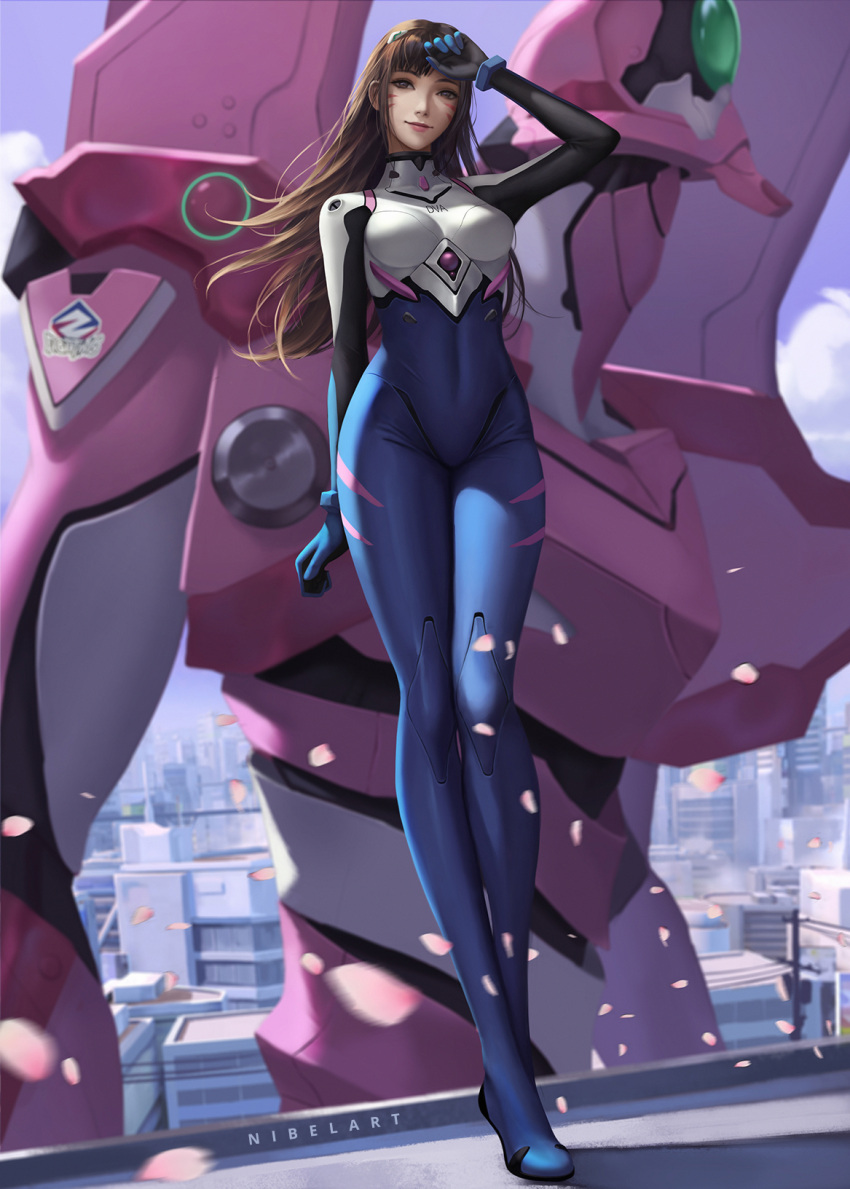 1girl, adapted_costume, bodysuit, breasts, brown_hair, city, covered_navel, crossover, d.va_(overwatch), full_body, highres, looking_at_viewer, mecha, neon_genesis_evangelion, nibelart, overwatch, petals, pilot_suit, plugsuit, smile, solo, standing, whisker_markings