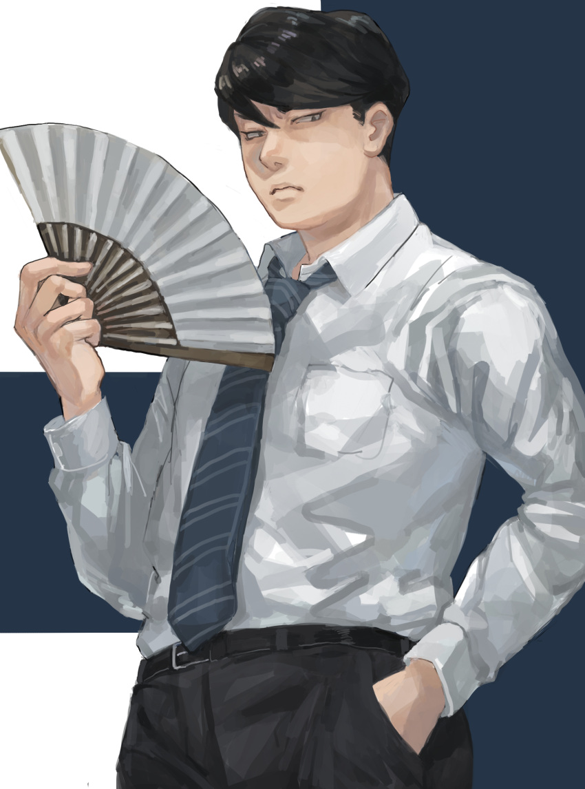 1boy, belt, black_eyes, black_hair, black_pants, blue_neckwear, fan, folding_fan