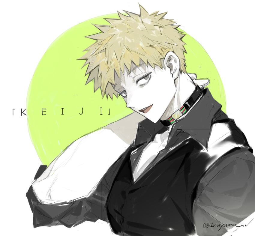 1boy, black_vest, blonde_hair, character_name, collar, grey_eyes, grey_shirt, hand_on_own_neck