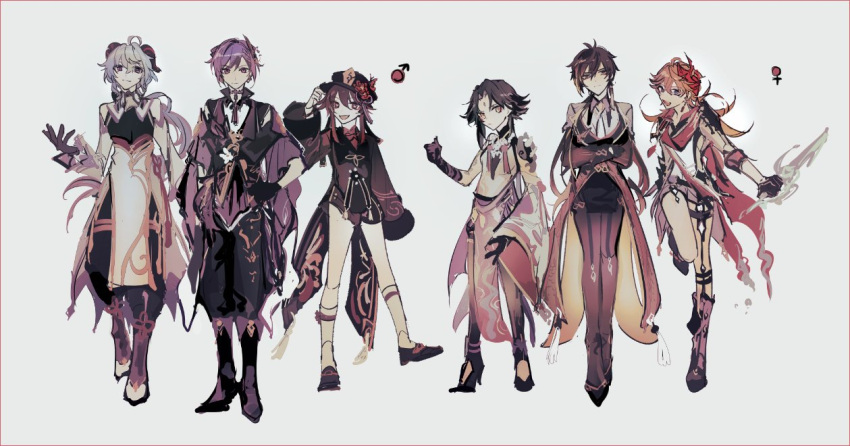 3boys, 3girls, ahoge, aqua_hair, arm_tattoo, armor, asymmetrical_clothes, ayano_(katou), bangs, bead_necklace, beads, black_gloves, black_hair, boots, breasts, brown_hair, closed_mouth, crossed_arms, detached_sleeves, facial_mark, flower, forehead_mark, ganyu_(genshin_impact), genderswap, genderswap_(ftm), genderswap_(mtf), genshin_impact, gloves, grey_background, hair_between_eyes, hair_ornament, hand_on_hip, hat, hat_flower, holding, holding_weapon, hu_tao, jewelry, keqing_(genshin_impact), leg_up, long_hair, long_sleeves, mars_symbol, mask, mask_on_head, miniskirt, multiple_boys, multiple_girls, necklace, open_mouth, orange_hair, pantyhose, plum_blossoms, ponytail, purple_hair, red_scarf, redhead, scarf, sidelocks, simple_background, single_earring, skirt, standing, tartaglia_(genshin_impact), tassel, tattoo, venus_symbol, weapon, xiao_(genshin_impact), zhongli_(genshin_impact)