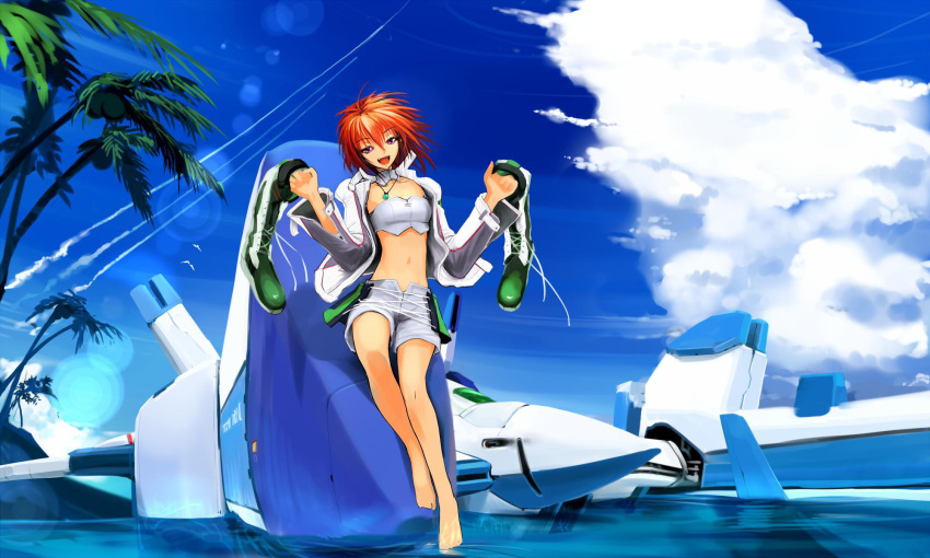 1girl, alf874, astelion, barefoot, boots, boots_removed, clouds, cross-laced_footwear, day, highres, holding, holding_shoes, ibis_douglas, knee_boots, lace-up_boots, mecha, midriff, ocean, palm_tree, redhead, science_fiction, shoes, shorts, sky, solo, super_robot_wars, tree