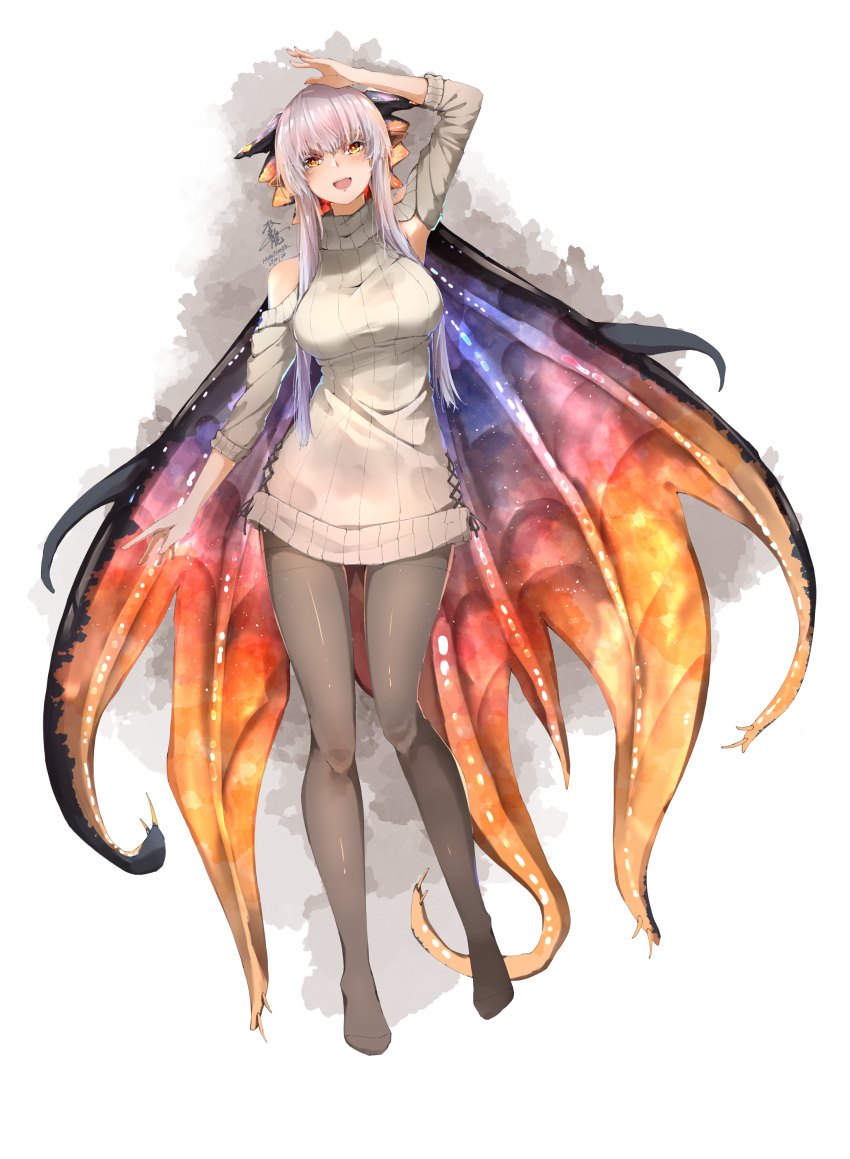 1girl, absurdres, clothing_cutout, full_body, highres, horns, monster_hunter:_world, monster_hunter_(series), namielle, no_pants, orange_eyes, pantyhose, personification, pointy_ears, shading_eyes, shoulder_cutout, silver_hair, solo, suiiryu, sweater, turtleneck, turtleneck_sweater, wings