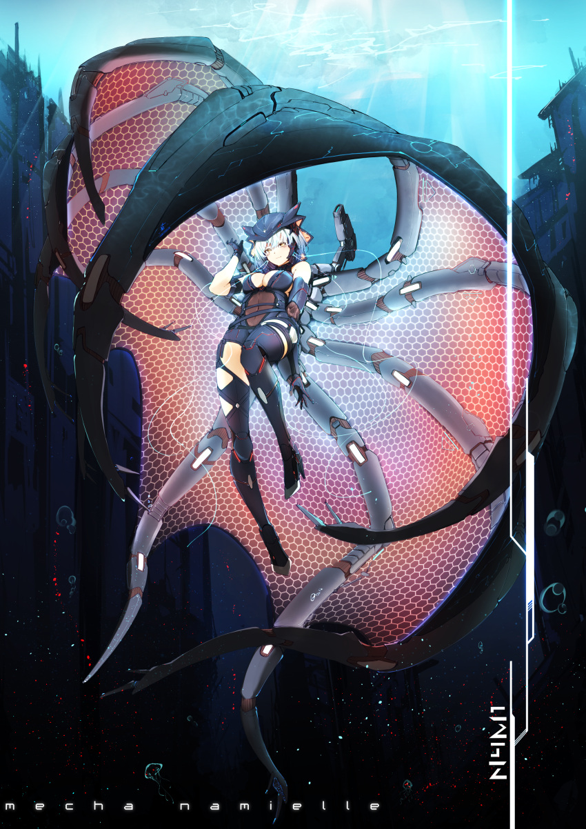 1girl, absurdres, adapted_costume, bodysuit, clothing_cutout, full_body, gloves, grey_hair