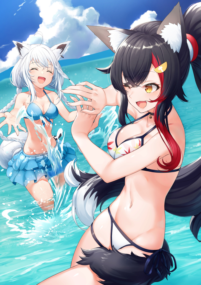 2girls, ahoge, animal_ear_fluff, animal_ears, bangs, bikini, black_hair, blue_swimsuit