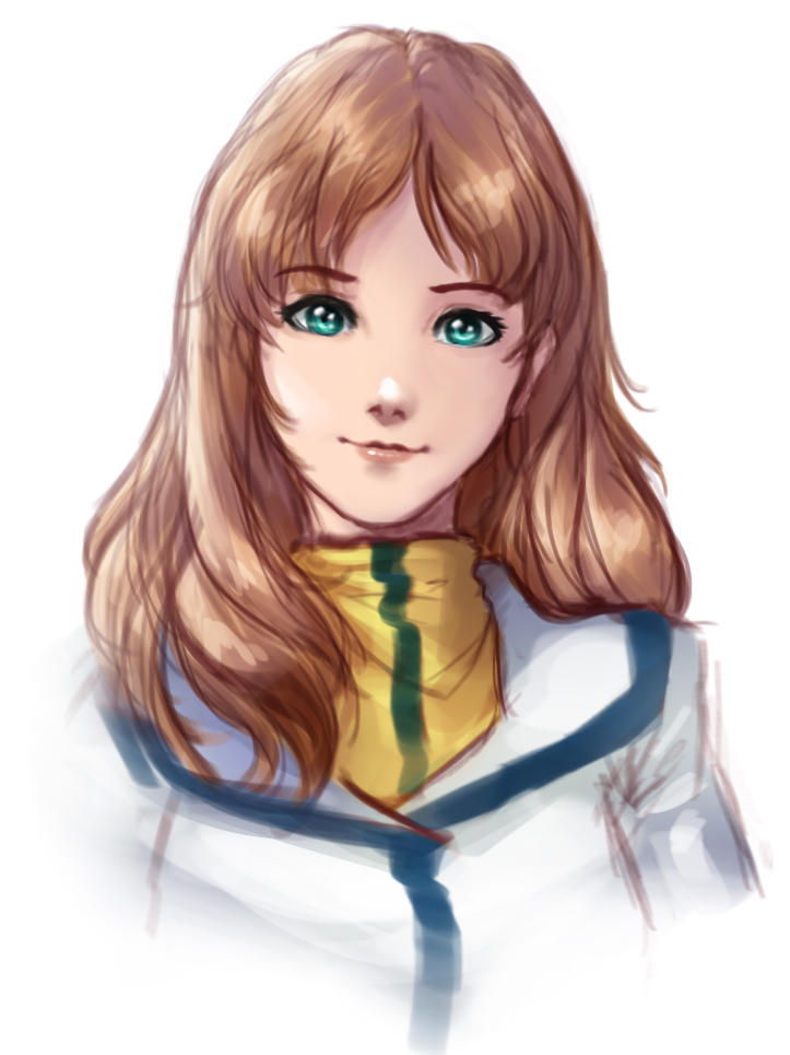 1girl, brown_hair, choujikuu_yousai_macross, cropped_torso, gio_tengco, green_eyes, hair_behind_ear, hayase_misa