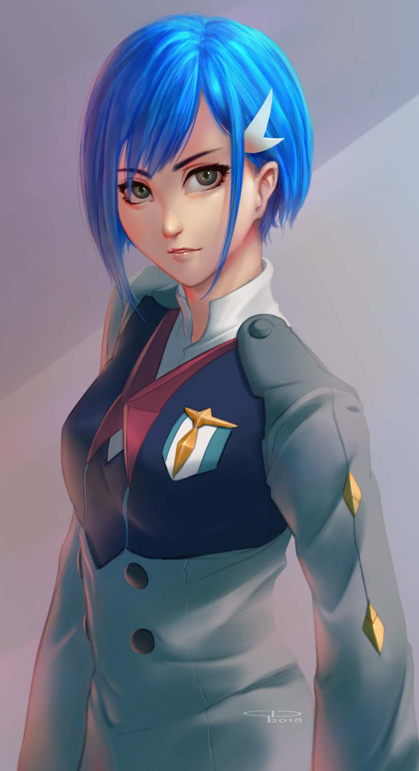 1girl, absurdres, bangs, blue_hair, breasts, darling_in_the_franxx, gio_tengco, green_eyes