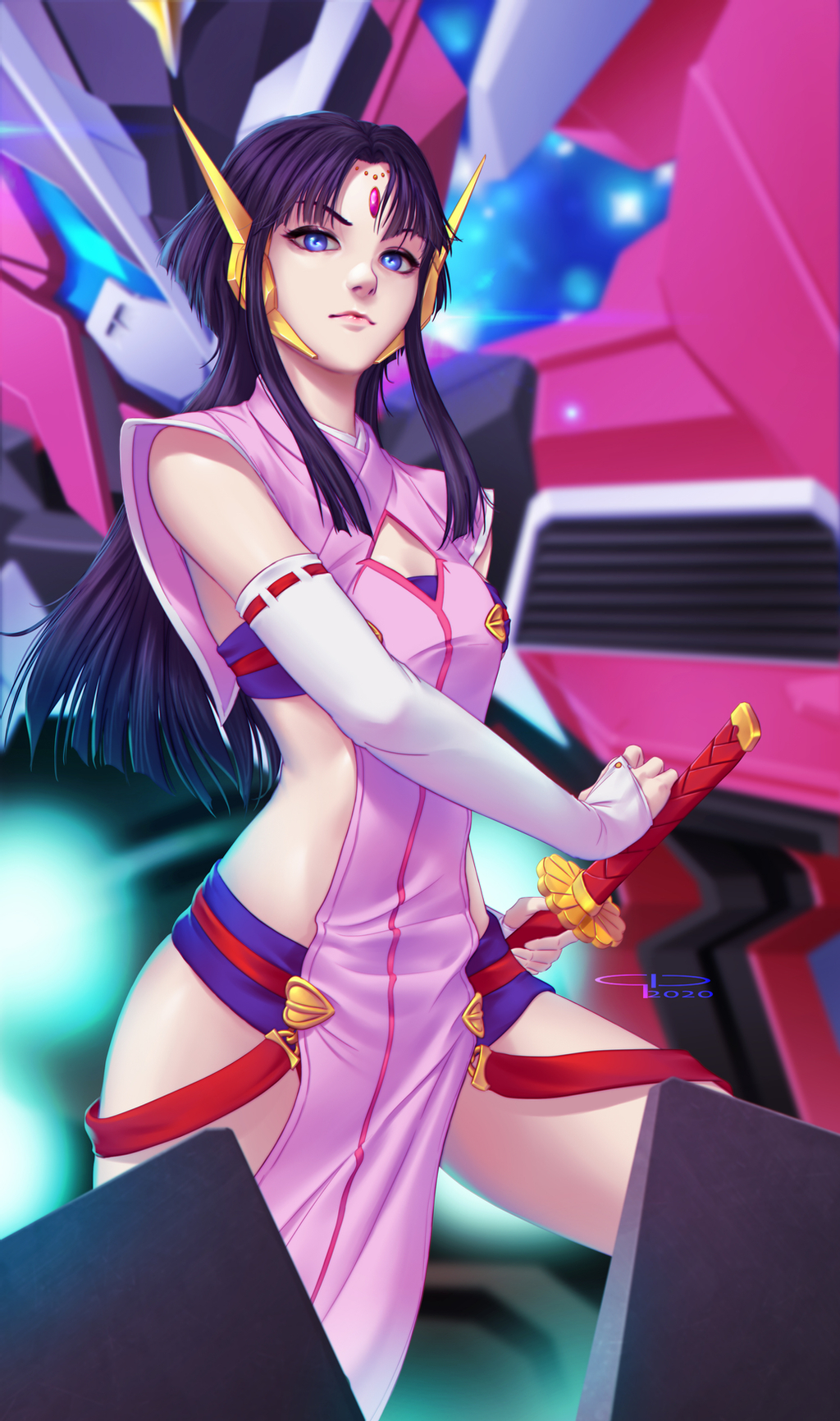 1girl, bangs, black_hair, blue_eyes, blurry, blurry_background, breasts, cross_ange