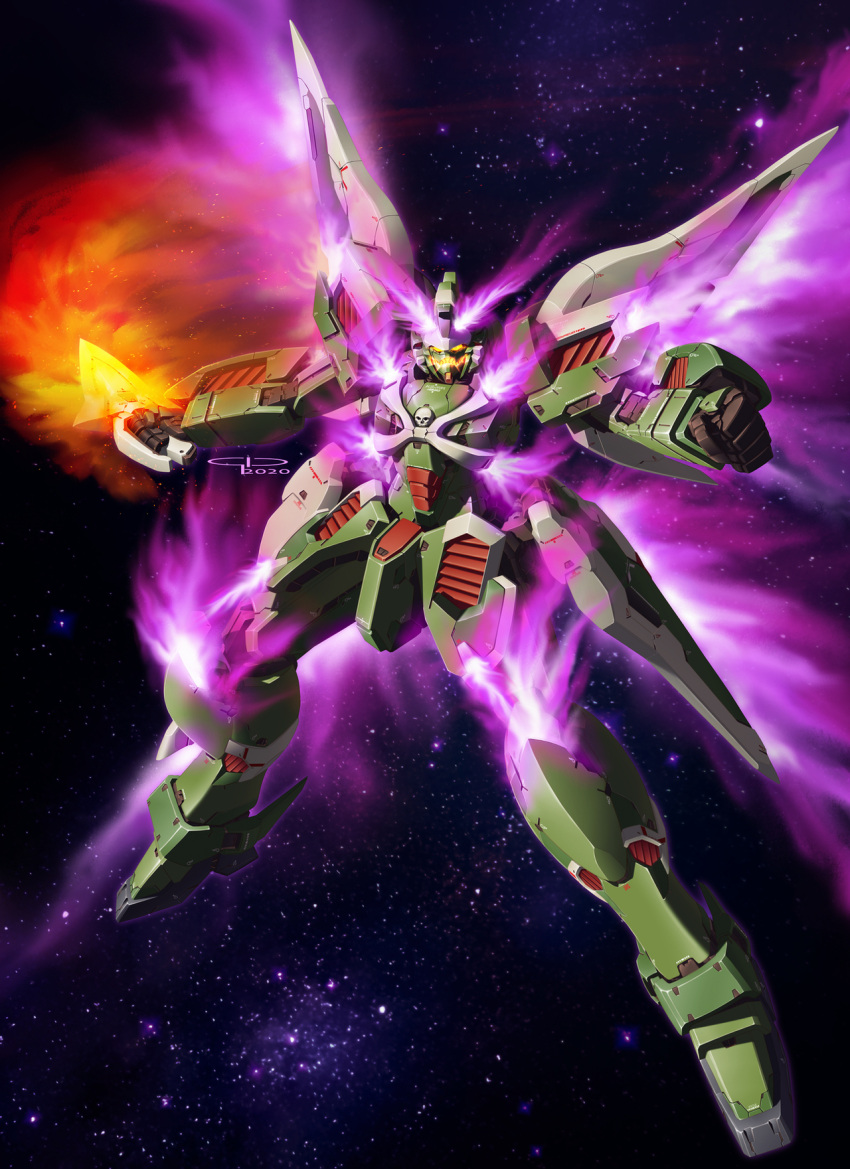 clenched_hand, crossbone_gundam, crossbone_gundam_ghost, dagger, fire, gio_tengco, glowing, glowing_eyes, gundam, highres, holding, holding_dagger, holding_weapon, mecha, mobile_suit, no_humans, open_mouth, orange_eyes, phantom_gundam, purple_fire, science_fiction, solo, v-fin, weapon