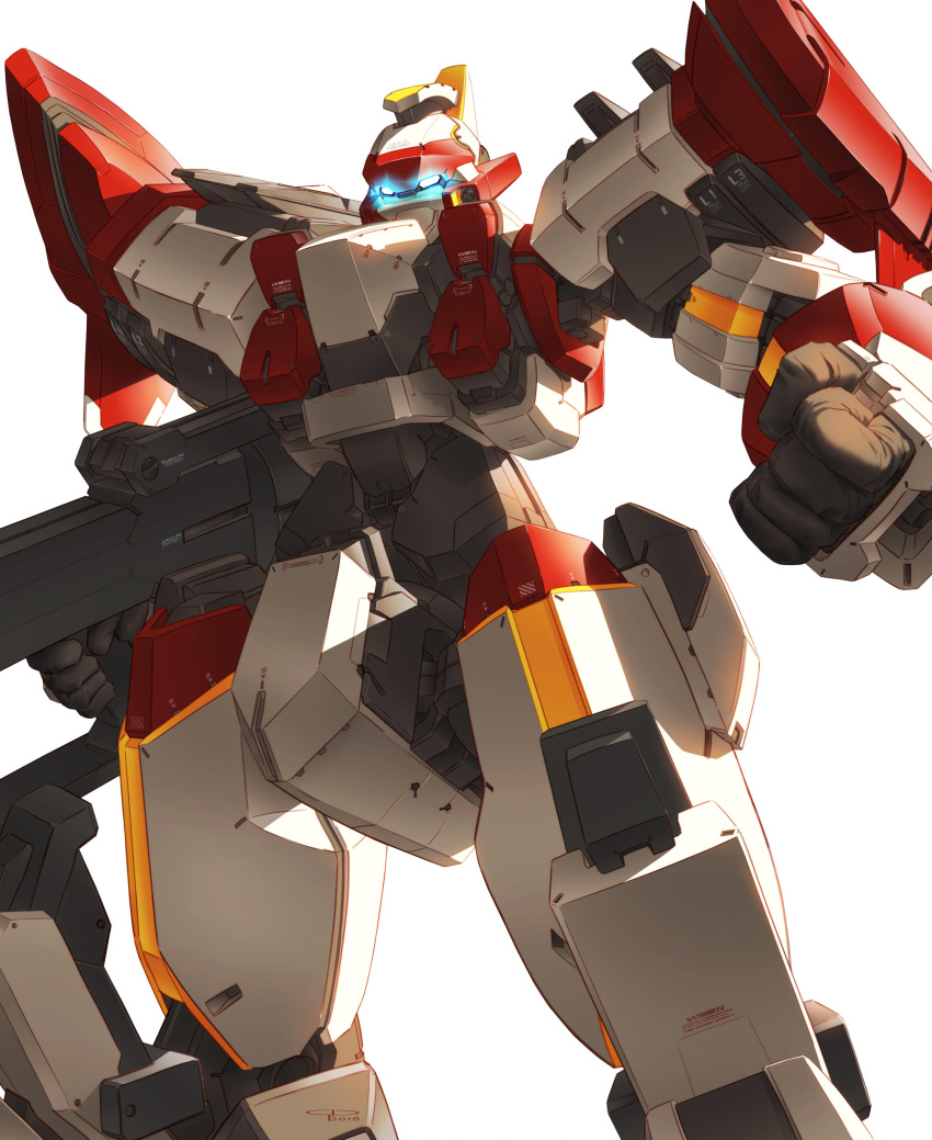 absurdres, arm_slave_(mecha), arx-8_laevatein, blue_eyes, clenched_hand, full_metal_panic!, gio_tengco, glowing, glowing_eyes, gun, highres, holding, holding_gun, holding_weapon, looking_down, mecha, no_humans, science_fiction, solo, weapon, white_background