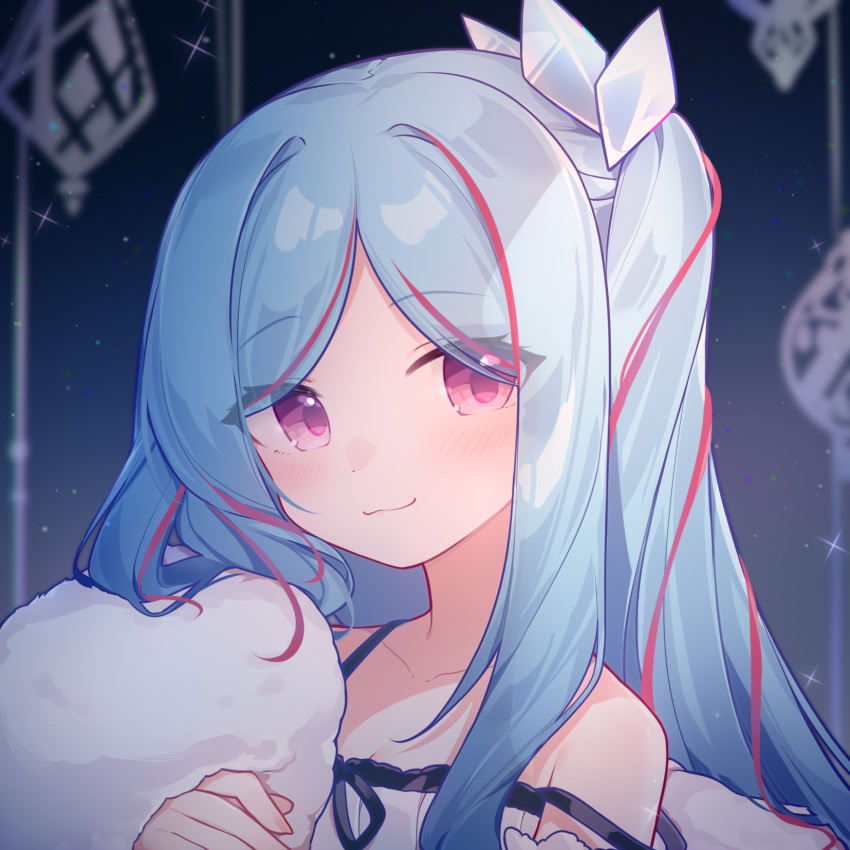 1girl, bangs, bare_shoulders, blue_hair, closed_mouth, collarbone, dress, duel_monster, eta, eyebrows_visible_through_hair, eyes_visible_through_hair, feather_boa, hair_ornament, hand_up, highres, long_hair, looking_at_viewer, multicolored_hair, parted_bangs, redhead, sleeveless, sleeveless_dress, smile, solo, strap_slip, streaked_hair, upper_body, violet_eyes, white_dress, witchcraft_master_verre, yu-gi-oh!