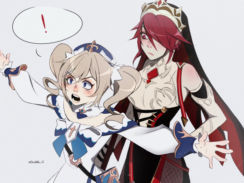 2girls, artist_name, barbara_(genshin_impact), bare_shoulders, blue_eyes, blush, bow, coif, dress, dress_bow, elbow_gloves, eyebrows_visible_through_hair, fishnet_legwear, fishnets, frock, genshin_impact, gloves, hair_over_one_eye, hat, highres, multiple_girls, open_mouth, red_eyes, redhead, rosaria_(genshin_impact), shoulder_blush, tiara, twitter_username, yasherkalol