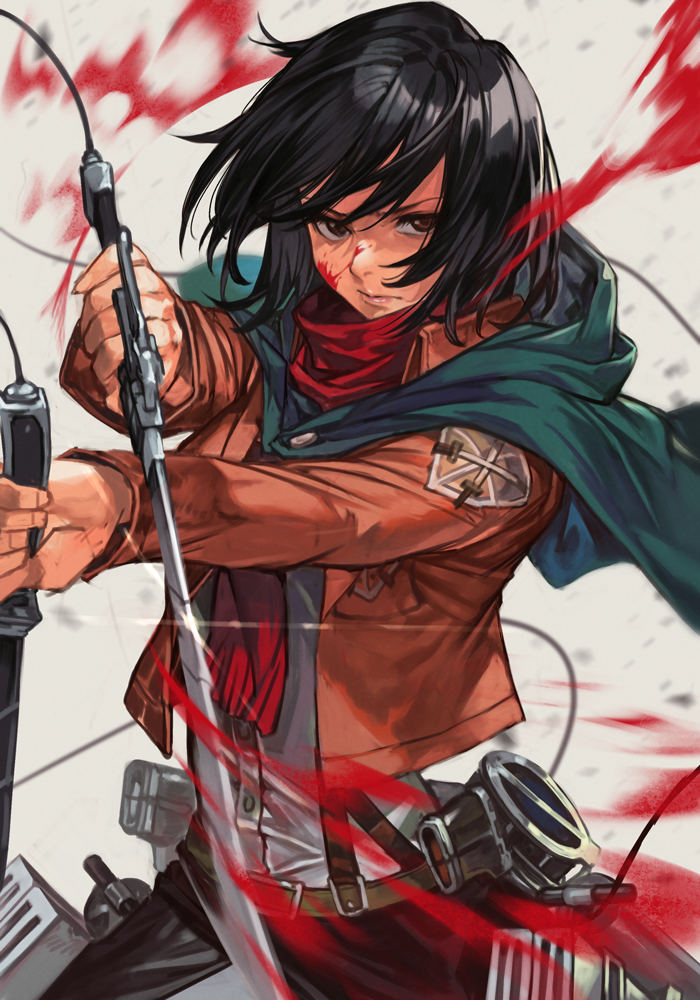 1girl, bangs, belt, black_hair, blood, blood_on_face, blood_splatter, brown_jacket, cloak, dual_wielding, green_cloak, hankuri, holding, hankuri, jacket, mikasa_ackerman, multiple_swords, pants, parted_lips, red_scarf, scarf, shingeki_no_kyojin, shirt, short_hair, solo, survey_corps, survey_corps_(emblem), sword, three-dimensional_maneuver_gear, weapon, white_shirt