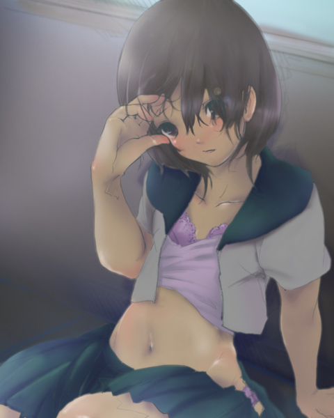 1girl, bad_id, bad_pixiv_id, blush, bra, brown_hair, medium_hair, navel