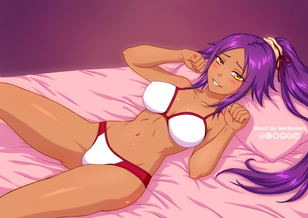1girl, bleach, bra, breasts, burbur, collarbone, commentary, dark_skin