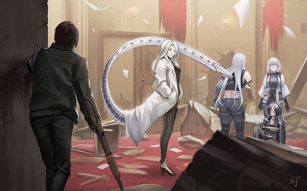 1boy, 4girls, ak-15_(girls_frontline), angelia_(girls_frontline), ark_john_up, bandages, black_footwear, black_hair