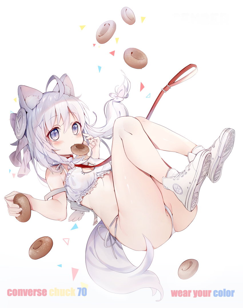 1girl, absurdres, ahoge, amafuyu, animal_ear_fluff, animal_ears, bangs, blue_eyes, blush, bow, bra, breasts, cat_cutout, cleavage_cutout, clothing_cutout, commentary_request, converse, doughnut, english_text, eyebrows_visible_through_hair, food, food_in_mouth, frilled_bra, frills, full_body, hair_between_eyes, hair_bow, hair_ornament, highres, holding, holding_food, large_buttons, leash, long_hair, looking_at_viewer, mouth_hold, original, panties, product_placement, shoes, side-tie_panties, small_breasts, sneakers, solo, tail, underwear, underwear_only, white_background, white_bow, white_bra, white_footwear, white_hair, white_panties