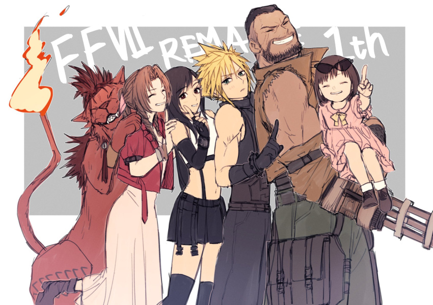 3boys, 3girls, aerith_gainsborough, ah_yoshimizu, anniversary, arm_cannon, barret_wallace, beard
