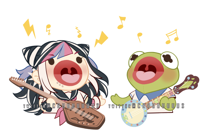 1girl, beamed_eighth_notes, big_mouth, black_hair, blue_hair, chibi, criis-chan, cropped_torso