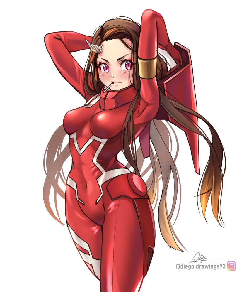 1girl, absurdres, alternate_costume, armpits, arms_up, blush, bodysuit, breasts, brown_hair, cosplay, cowboy_shot, darling_in_the_franxx, diegodraws, highres, horns, instagram_username, kamado_nezuko, kimetsu_no_yaiba, long_hair, medium_breasts, mouth_hold, pink_eyes, red_bodysuit, signature, simple_background, single_horn, solo, very_long_hair, white_background, zero_two_(darling_in_the_franxx), zero_two_(darling_in_the_franxx)_(cosplay)