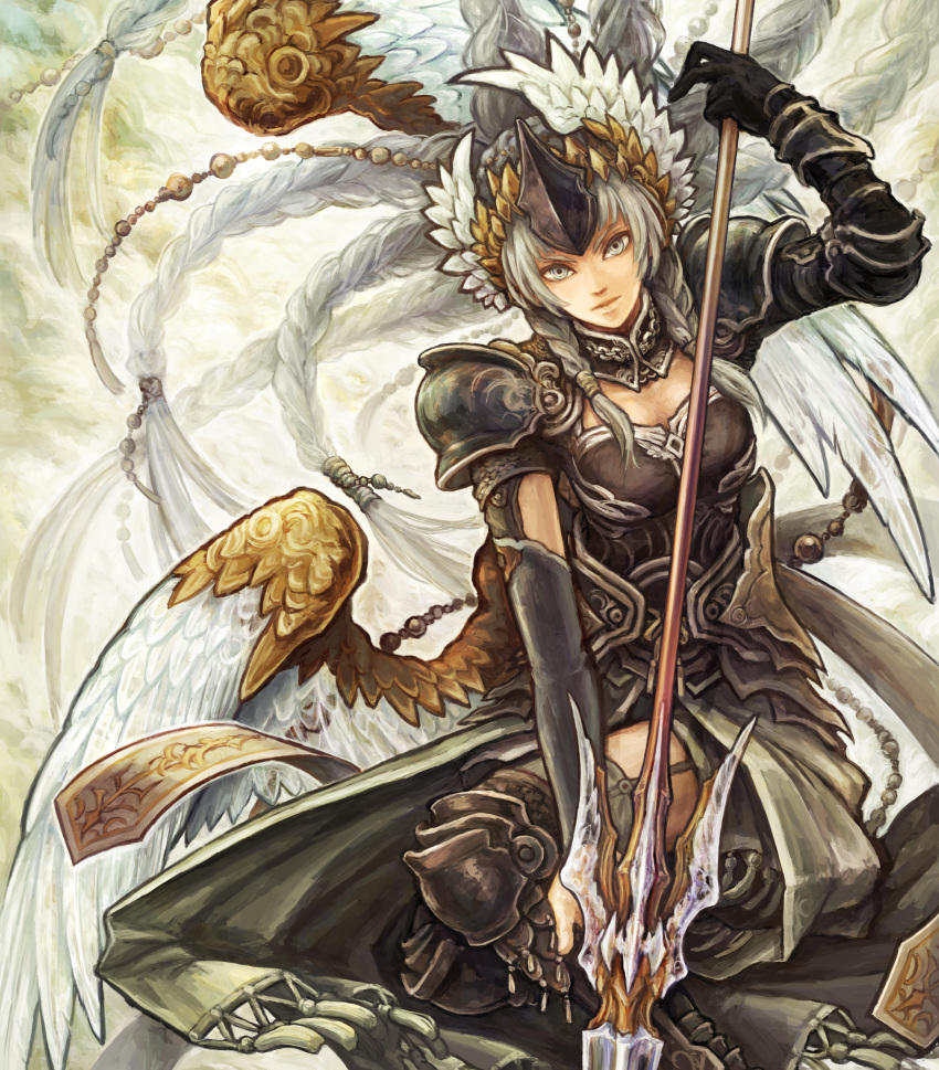 armor, highres, polearm, shinomaru, spear, valkyrie, weapon, white_hair