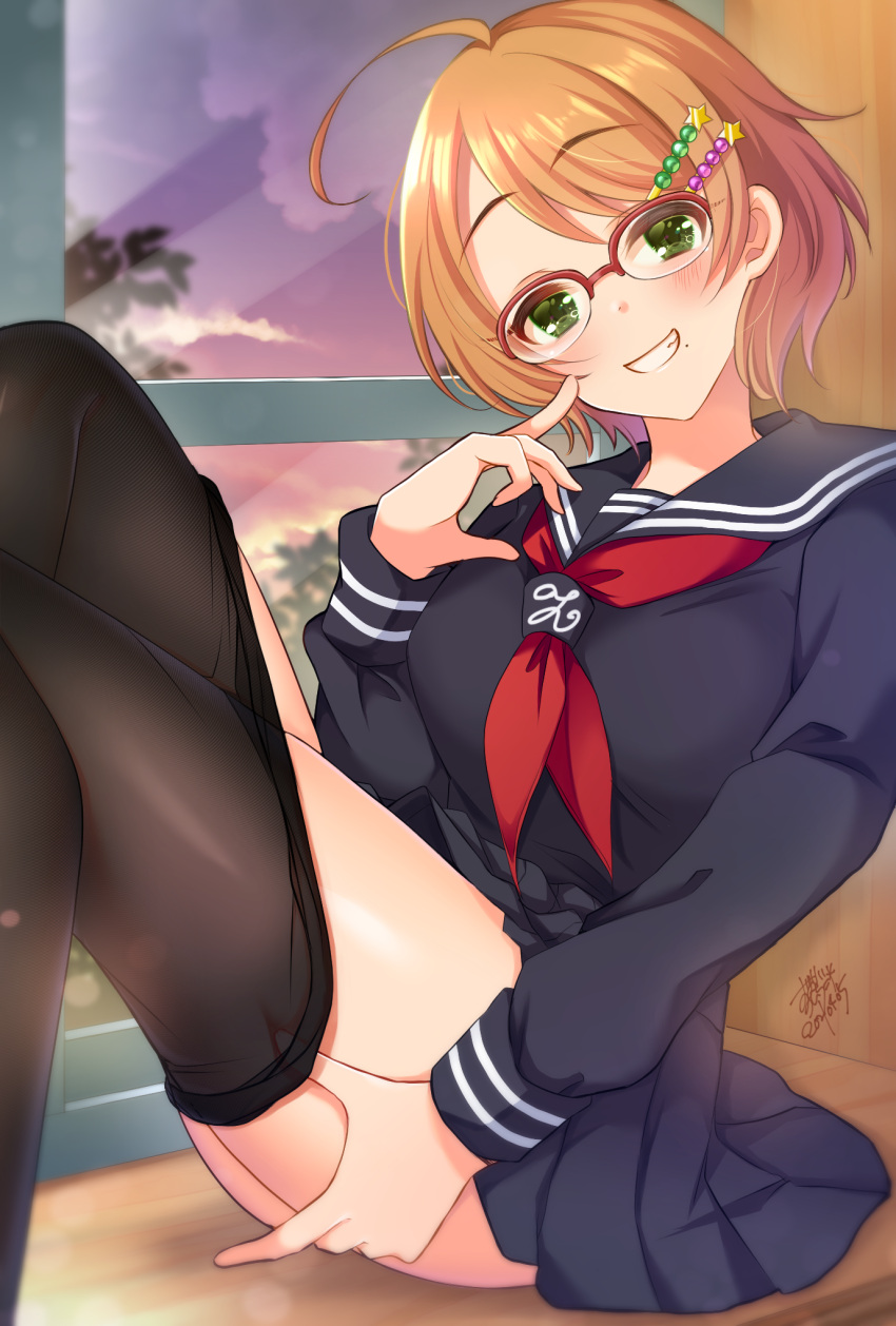 1girl, ahoge, ass, black_legwear, black_serafuku, blush, breasts, brown_hair