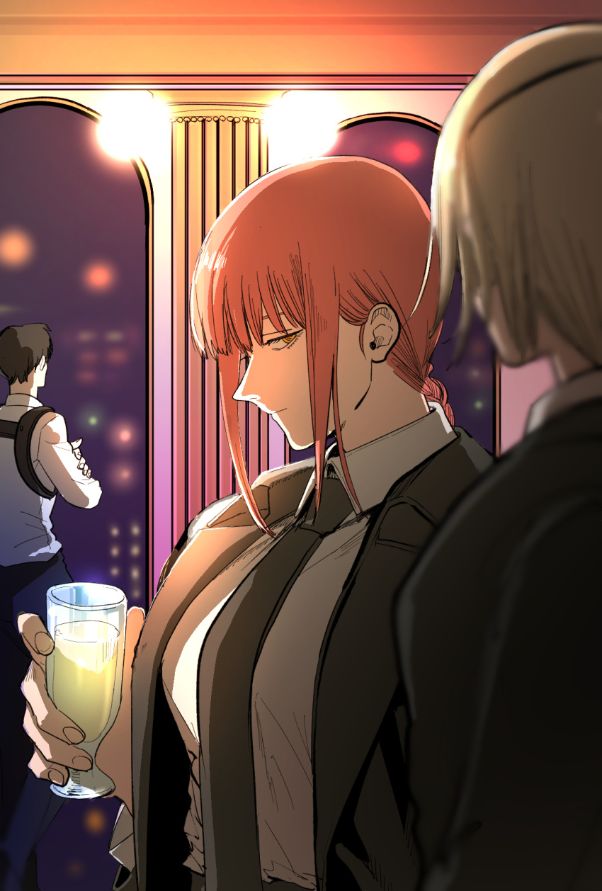 1boy, 2girls, bangs, bithmath, black_eyepatch, black_hair, black_neckwear, black_suit