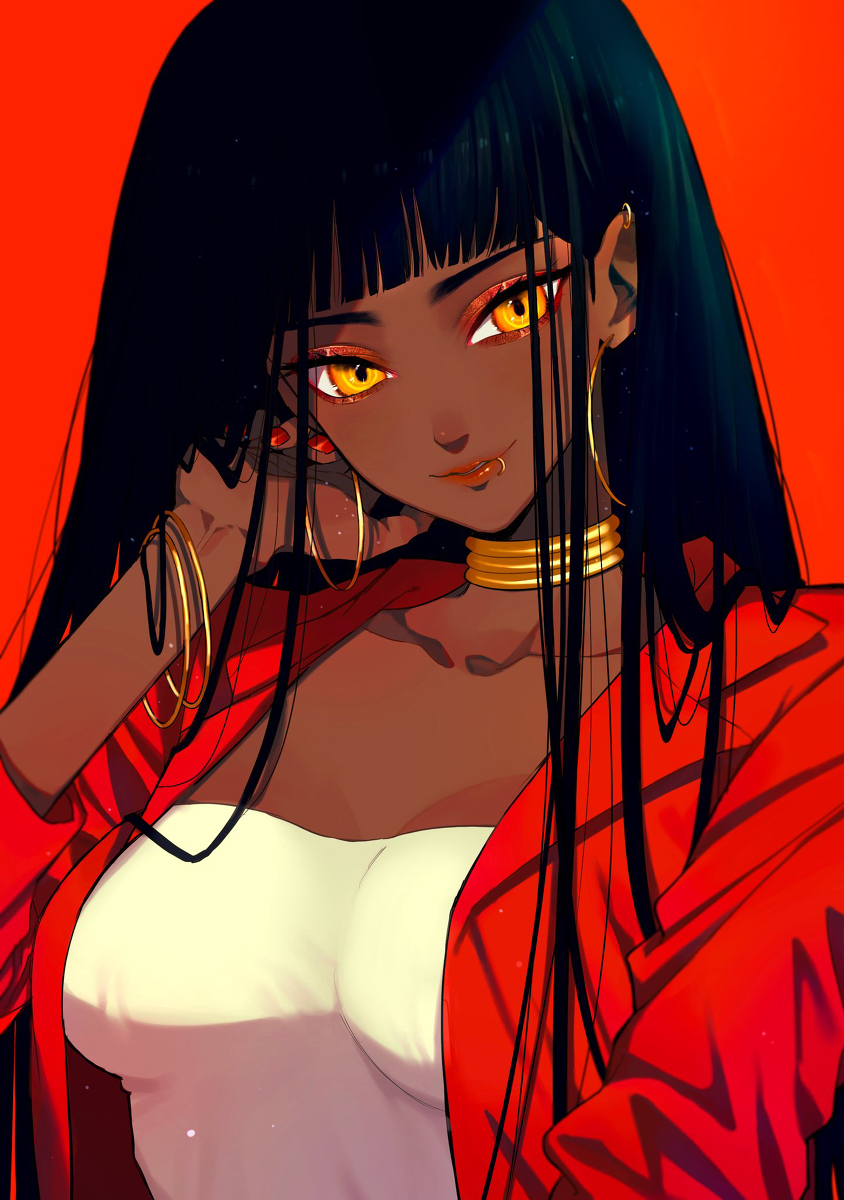 1girl, black_hair, breasts, dark_skin, earrings, eyeshadow, gold_earrings, gold_necklace, highres, jacket, jewelry, lip_piercing, lips, long_hair, makeup, medium_breasts, nail_polish, orange_eyeshadow, original, piercing, red_background, red_jacket, red_lips, red_nails, tank_top, urkt_10, white_tank_top, yellow_eyes