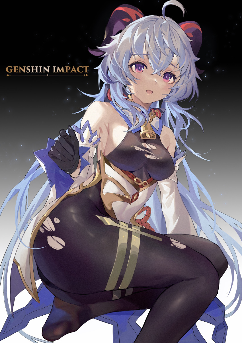 1girl, absurdres, ahoge, arm_support, ass, bell, bigroll, black_bodysuit