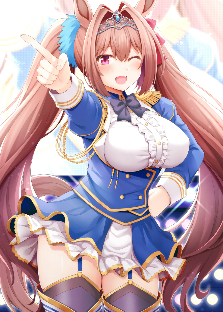 1girl, :d, animal_ears, black_bow, black_legwear, black_neckwear, blue_garter_straps, blue_jacket