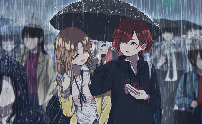 6+girls, absurdres, bangs, black_hoodie, black_neckwear, blurry, blurry_background, blush