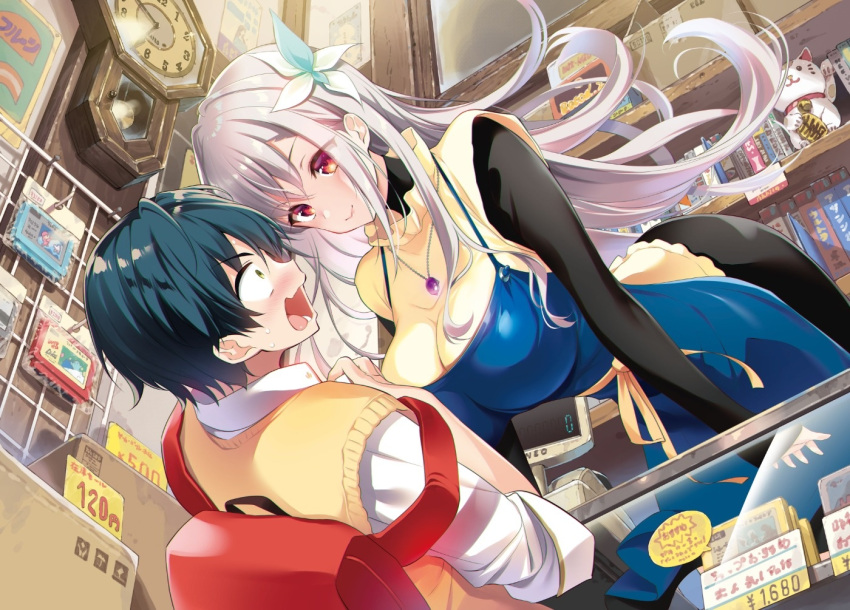 1boy, 1girl, apron, backpack, bag, black_hair, breasts, clock