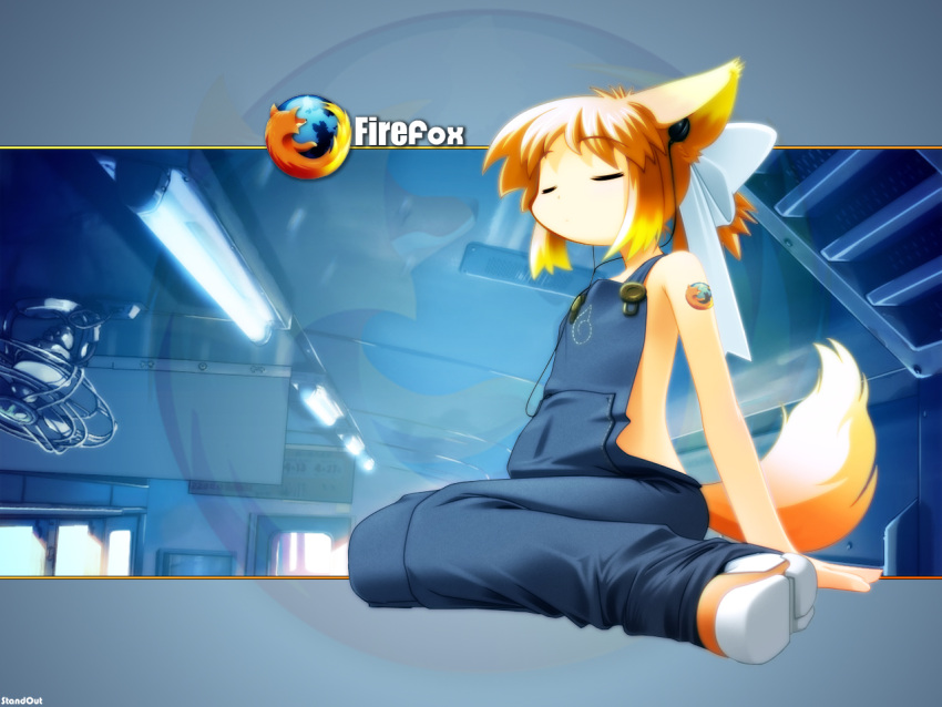 1girl, animal_ears, blonde_hair, closed_eyes, earbuds, female, firefox, fox_ears