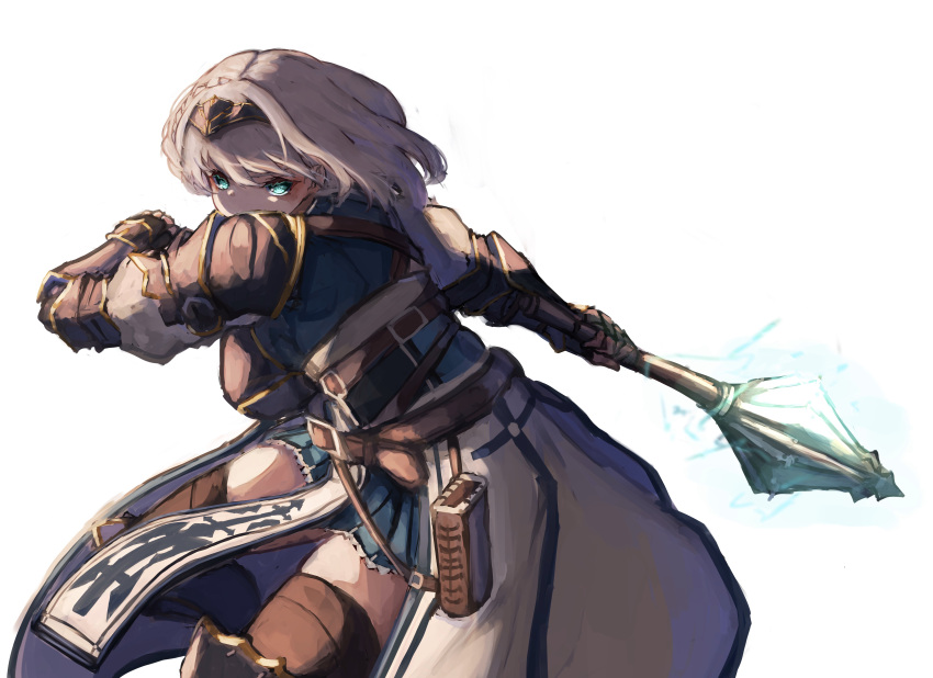1girl, absurdres, armor, belt, belt_pouch, black_hairband, black_legwear, blue_skirt