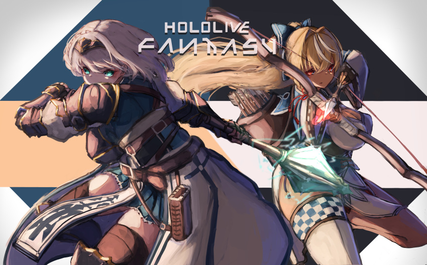 2girls, absurdres, armor, arrow_(projectile), battle, bow_(weapon), breasts, chest_guard