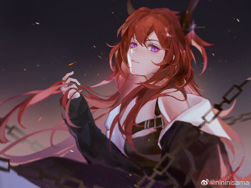 1girl, arknights, bare_shoulders, demon, demon_girl, demon_horns, dress, highres