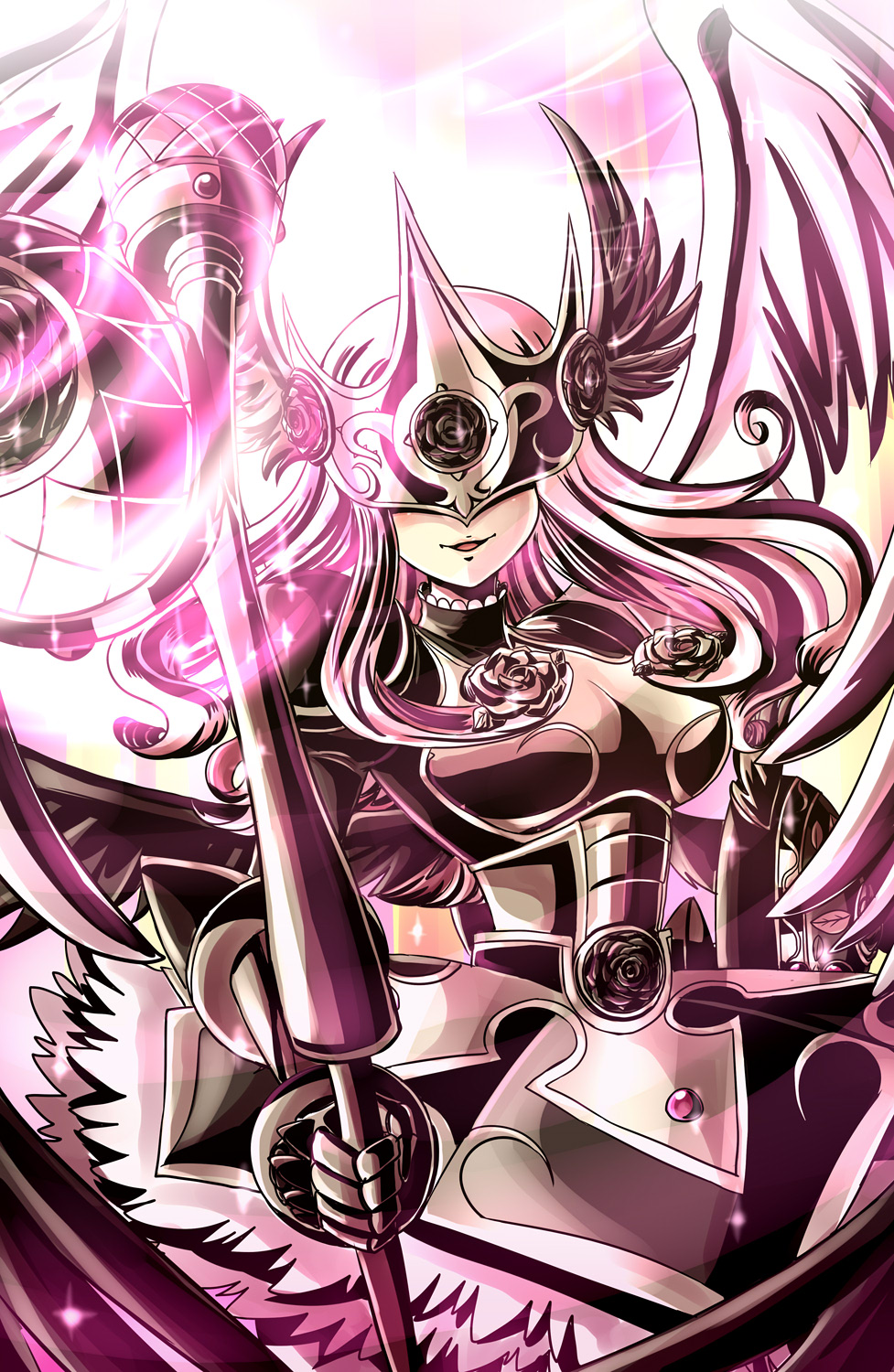 1girl, appmon, armor, beautymon, breasts, commentary_request, covered_eyes, digimon, digimon_(creature), digimon_universe:_appli_monsters, facing_viewer, full_armor, helmet, helmet_over_eyes, highres, holding, holding_polearm, holding_shield, holding_weapon, konna-nani, long_hair, parted_lips, pink_hair, polearm, shield, smile, solo, sparkle, standing, weapon, winged_helmet