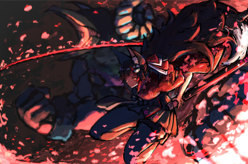 1girl, absurdres, animal_ears, bangs, battoujutsu_stance, black_hair, black_legwear, black_skirt, determined, fighting_stance, flipped_hair, full_body, hakama_skirt, hatotaurus_(ookami_mio), highlights, highres, hololive, huge_filesize, inre_kemomimi, japanese_clothes, jumping, kimono, long_hair, looking_away, miniskirt, monster, multicolored_hair, ookami_mio, pantyhose, pleated_skirt, print_kimono, red_kimono, redhead, sheath, sheathed_cut, skirt, sleeves_rolled_up, solo_focus, swept_bangs, tail, tail_around_leg, tail_wrap, unsheathing, very_long_hair, virtual_youtuber, wide_ponytail, wolf_ears, wolf_girl, wolf_tail, yellow_eyes