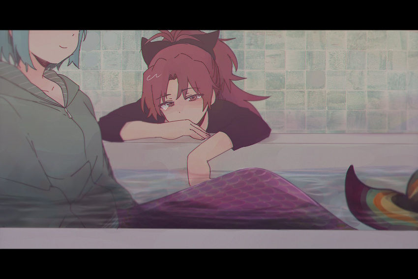 2girls, 89_(_26_mmm_), arms_at_sides, bath, bathing, bathroom, bathtub, black_ribbon, black_shirt, blue_hair, closed_mouth, covered_mouth, crying, crying_with_eyes_open, dot_nose, expressionless, eyebrows_visible_through_hair, facing_away, facing_viewer, fingernails, fusion, green_jacket, hair_ribbon, half-closed_eyes, head_out_of_frame, head_rest, high_ponytail, highres, hood, hood_down, hooded_jacket, indoors, jacket, letterboxed, long_sleeves, mahou_shoujo_madoka_magica, mermaid, miki_sayaka, monster_girl, multicolored, multicolored_tail, multiple_girls, oktavia_von_seckendorff, partially_submerged, red_eyes, redhead, ribbon, sad, sakura_kyoko, shirt, short_hair, sitting, smile, tail, tears, tiles, tsurime, water, witch_(madoka_magica), zipper