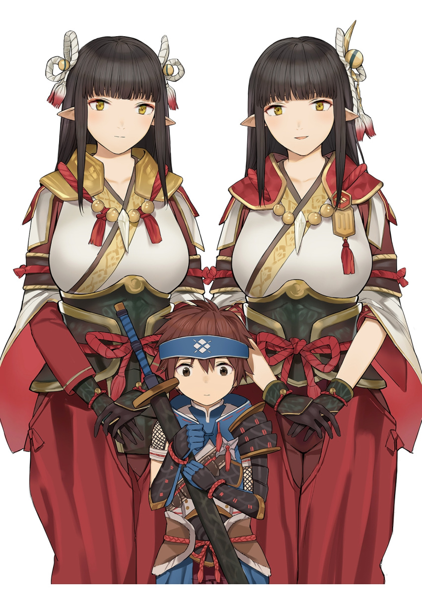 1boy, 2girls, age_difference, black_hair, blue_headband, brown_hair, eyeshadow, hair_ornament